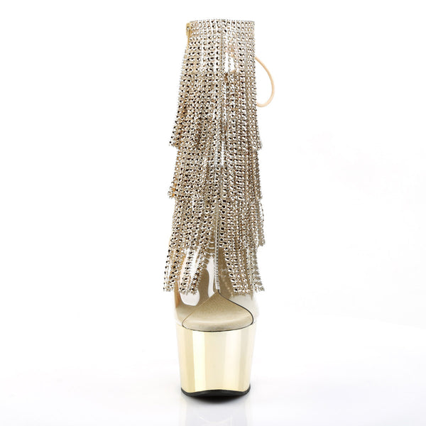 7" Heel, 2 3/4" PF Open Toe/Heel Lace-Up Fringe Ankle Boot Clr-Gold/Gold Chrome Pleaser Pleaser ADORE/1017RSF