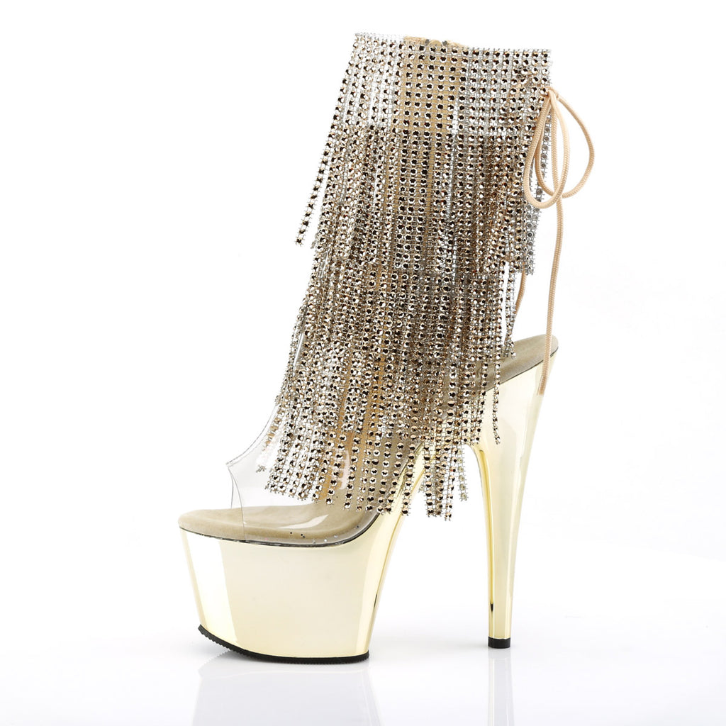 7" Heel, 2 3/4" PF Open Toe/Heel Lace-Up Fringe Ankle Boot Clr-Gold/Gold Chrome Pleaser Pleaser ADORE/1017RSF