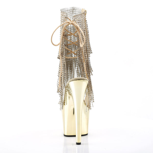 7" Heel, 2 3/4" PF Open Toe/Heel Lace-Up Fringe Ankle Boot Clr-Gold/Gold Chrome Pleaser Pleaser ADORE/1017RSF