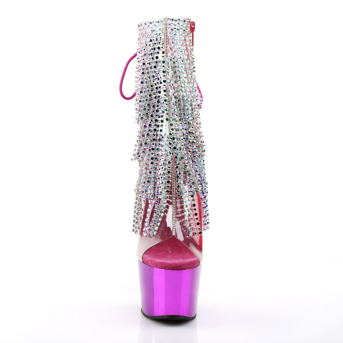 7" Heel, 2 3/4" PF Open Toe/Heel Lace-Up Fringe Ankle Boot Clr-Multi/Fuchsia Chrome Pleaser Pleaser ADORE/1017RSF
