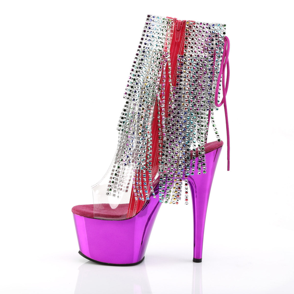 7" Heel, 2 3/4" PF Open Toe/Heel Lace-Up Fringe Ankle Boot Clr-Multi/Fuchsia Chrome Pleaser Pleaser ADORE/1017RSF