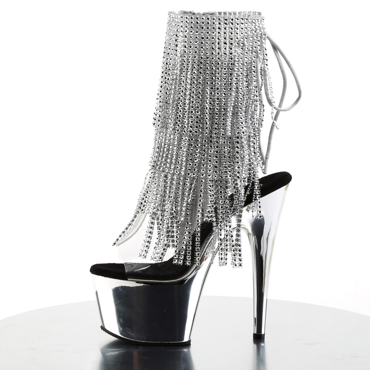 7" Heel, 2 3/4" Pf Open Toe/Heel Lace-Up Fringe Ankle Boot Pleaser Pleaser ADORE/1017RSF