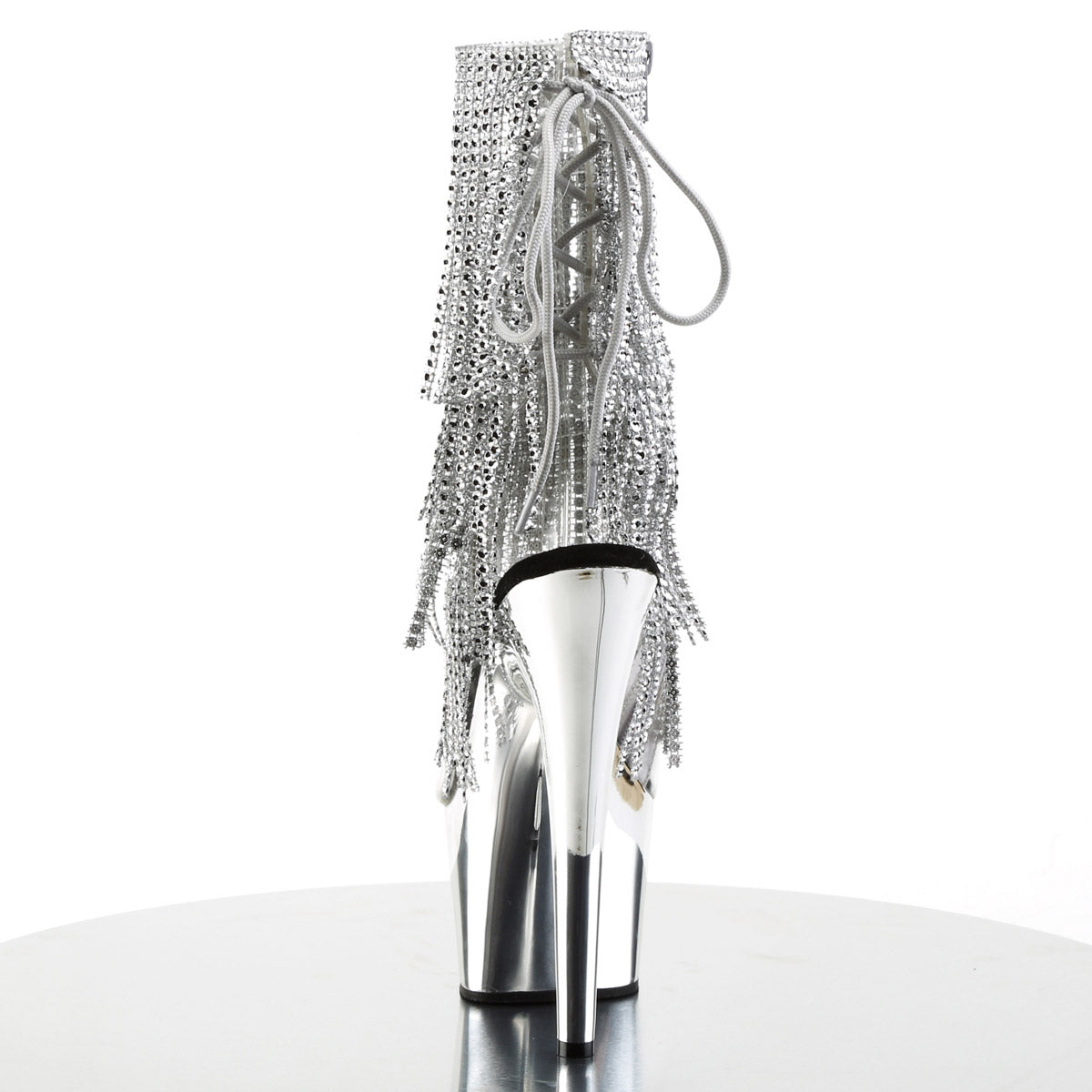 7" Heel, 2 3/4" Pf Open Toe/Heel Lace-Up Fringe Ankle Boot Pleaser Pleaser ADORE/1017RSF