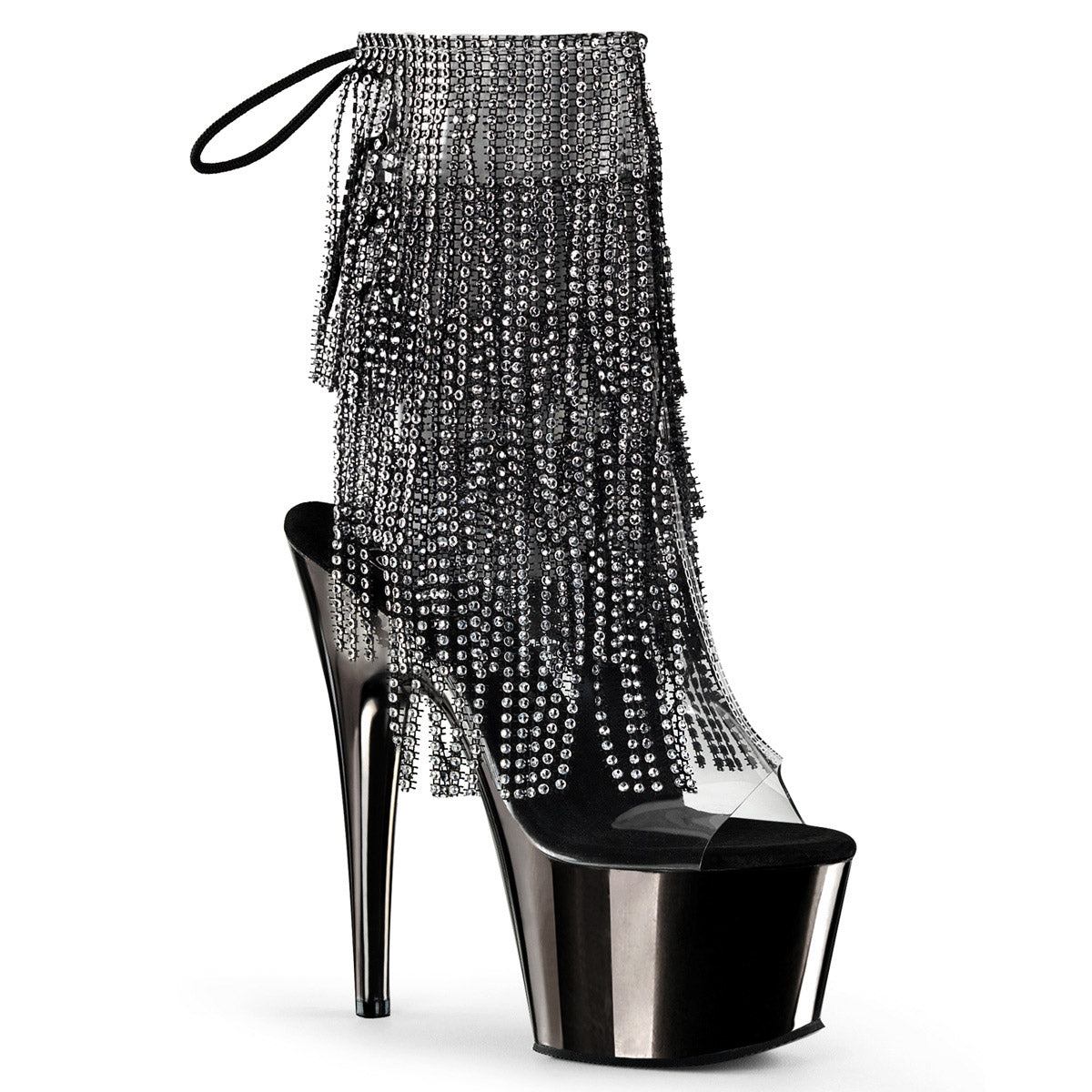 7" Heel, 2 3/4" PF Open Toe/Heel Lace-Up Fringe Ankle Boot Clr-Blk/Dark Pewter Chrome Pleaser Pleaser ADORE/1017RSF Main image