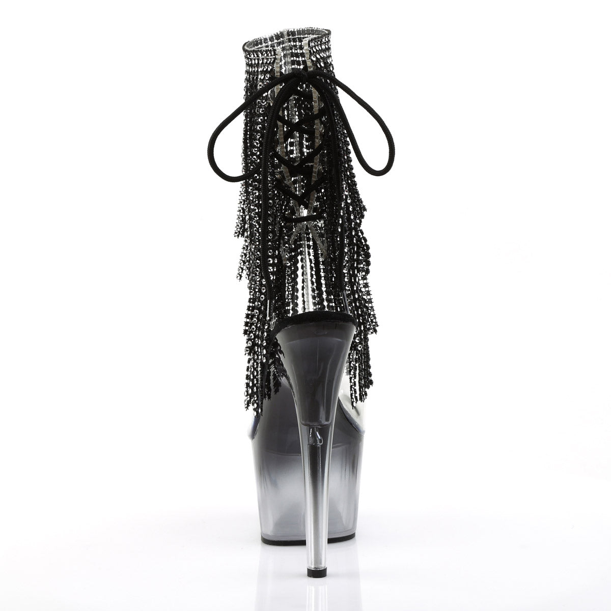 7" Heel, 2 3/4" Pf Open Toe/Heel Lace-Up Fringe Ankle Boot Pleaser Pleaser ADORE/1017RSFT