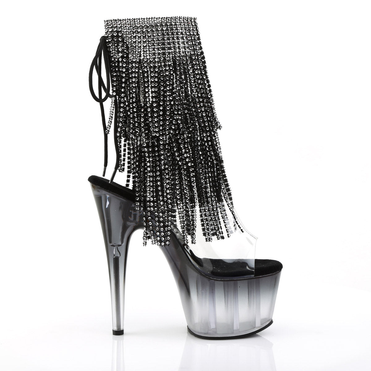7" Heel, 2 3/4" Pf Open Toe/Heel Lace-Up Fringe Ankle Boot Pleaser Pleaser ADORE/1017RSFT