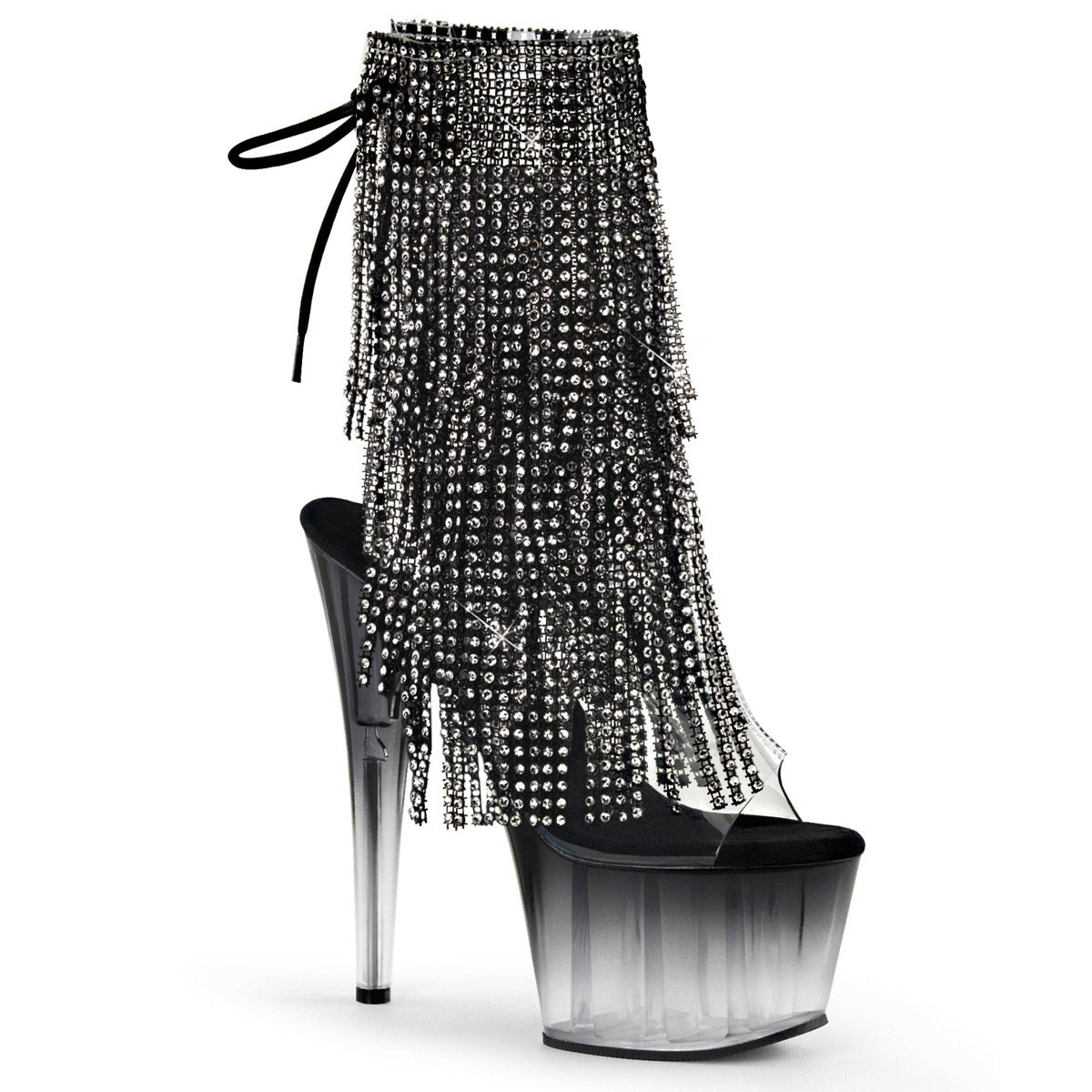 7" Heel, 2 3/4" Pf Open Toe/Heel Lace-Up Fringe Ankle Boot Pleaser Pleaser ADORE/1017RSFT