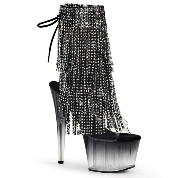 7" Heel, 2 3/4" Pf Open Toe/Heel Lace-Up Fringe Ankle Boot Pleaser Pleaser ADORE/1017RSFT