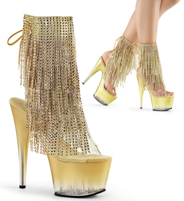 7" Heel, 2 3/4" PF Open Toe/Heel Lace-Up Fringe Ankle Boot Clr-Gold/Gold Pleaser Pleaser ADORE/1017RSFT