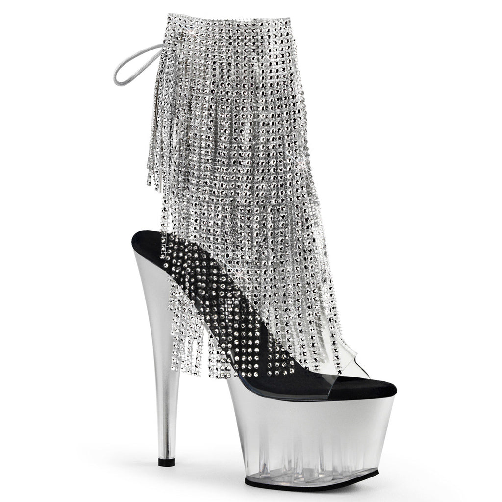 7" Heel, 2 3/4" Pf Open Toe/Heel Lace-Up Fringe Ankle Boot Pleaser Pleaser ADORE/1017RSFT