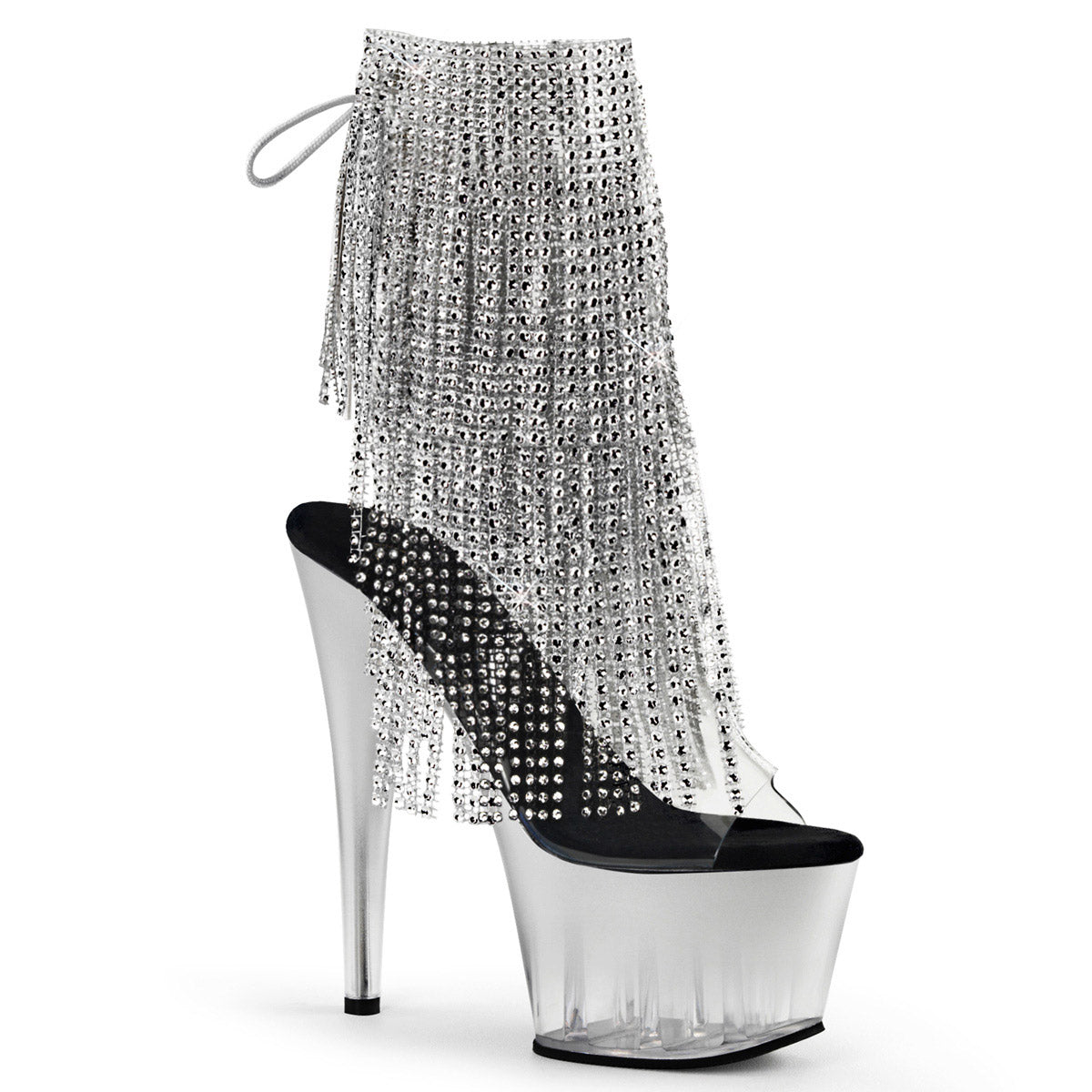 7" Heel, 2 3/4" Pf Open Toe/Heel Lace-Up Fringe Ankle Boot Pleaser Pleaser ADORE/1017RSFT