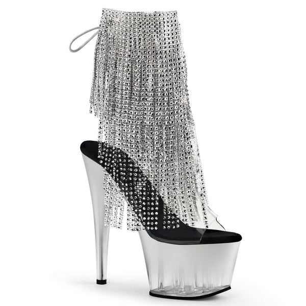 7" Heel, 2 3/4" Pf Open Toe/Heel Lace-Up Fringe Ankle Boot Pleaser Pleaser ADORE/1017RSFT