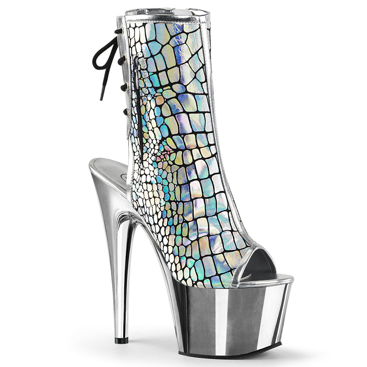 7" Heel, 2 3/4" PF Open Toe/Heel Ankle Boot, Side Zip Slv Hologram Ostrich Pu/Slv Chrome Pleaser Pleaser ADORE/1018HG Main image