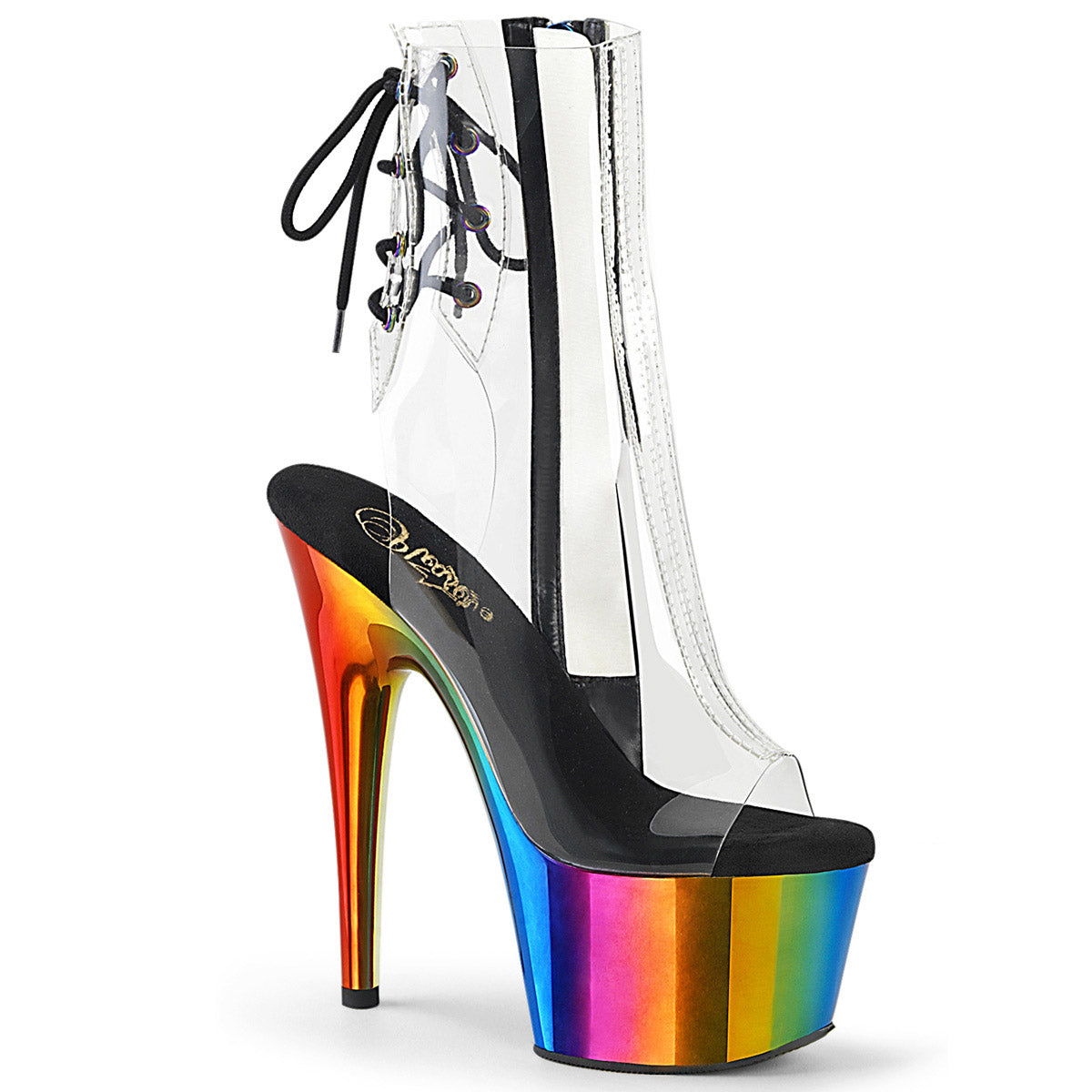 7" Heel, 2" Chromed PF Open Toe Ankle Boot, Side Zip Pleaser Pleaser ADORE/1018RC