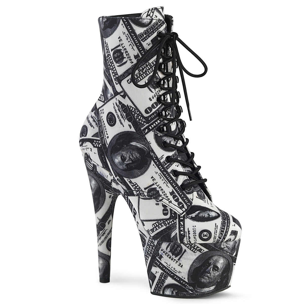 7" Heel, 2 3/4" Pf Lace-up Front Ankle Boot, Side Zip Pleaser Pleaser ADO1020DP/W/BFA/M