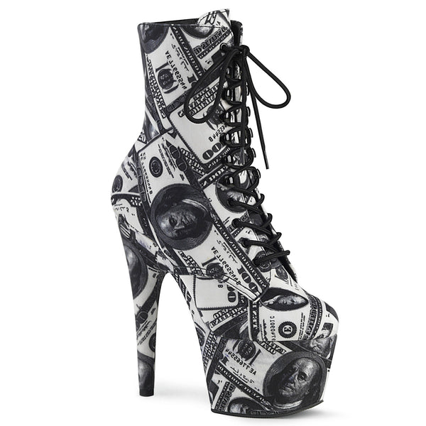 7" Heel, 2 3/4" Pf Lace-up Front Ankle Boot, Side Zip Pleaser Pleaser ADO1020DP/W/BFA/M
