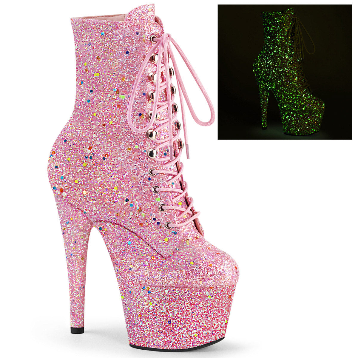 7" Heel, 2 3/4" Pf Lace-up Front Ankle Boot, Side Zip Pleaser Pleaser ADORE/1020GDLG