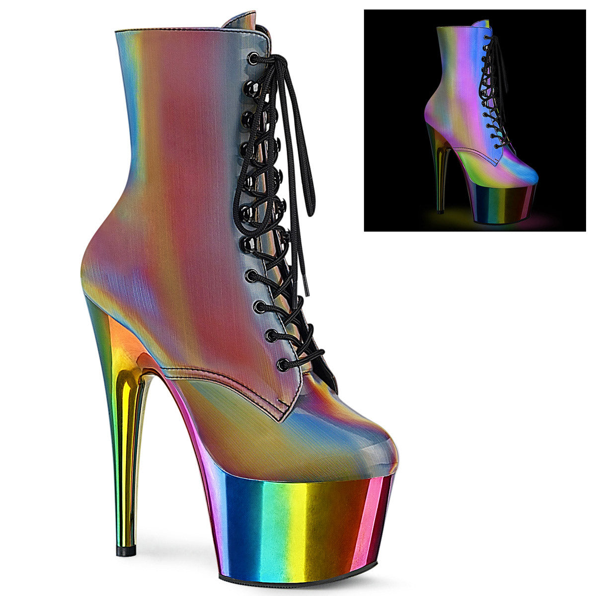 7" Heel, 2" Chromed PF Lace-Up Ankle Boot, Side Zip Pleaser Pleaser ADORE/1020RC/REFL Main image