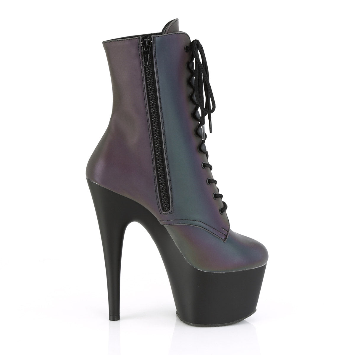 7" Heel, 2 3/4" PF Lace-Up Ankle Boot, Side Zip Pleaser Pleaser ADORE/1020REFL