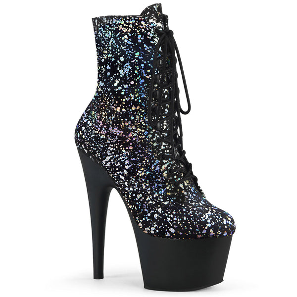 7" Heel, 2 3/4" Pf Lace-up Front Ankle Boot, Side Zip Pleaser Pleaser ADORE/1020SPLAT