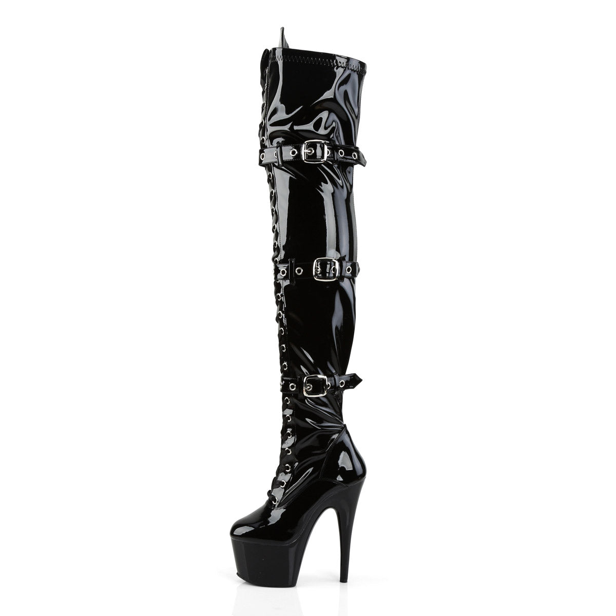 7" Heel, 2 3/4" Pf Laceup Triple-Buckle Thigh Boot, Side Zip Pleaser Pleaser ADORE/3028