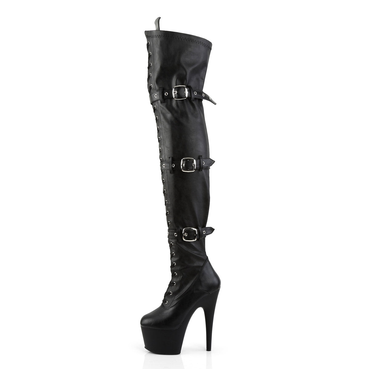 7" Heel, 2 3/4" Pf Laceup Triple-Buckle Thigh Boot, Side Zip Pleaser Pleaser ADORE/3028