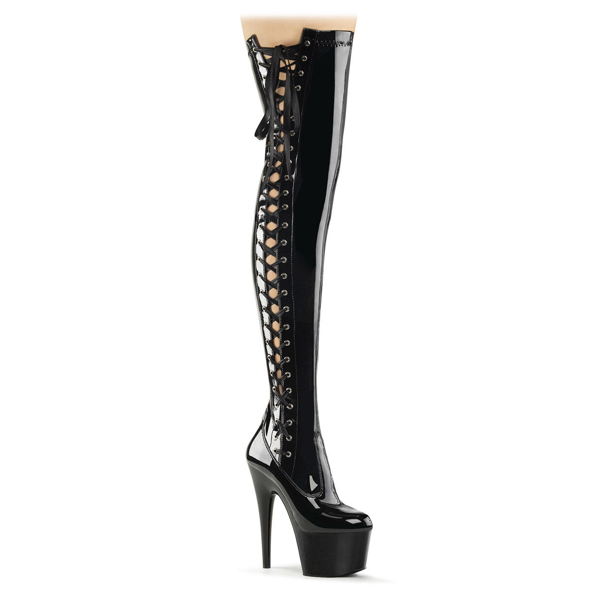 7" Heel, 2 3/4" Pf Thigh Boot W/Side Ribbon Lace, Side Zip Pleaser Pleaser ADORE/3050