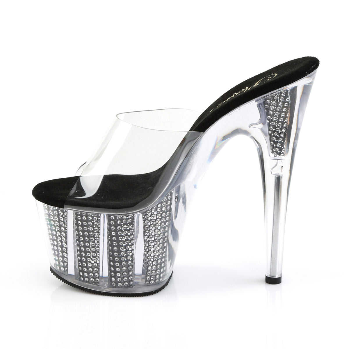 7" Heel, 2 3/4" PF Slide W/Simulated RS Filled BTM Clr/Blk SRS Pleaser Pleaser ADORE/701SRS