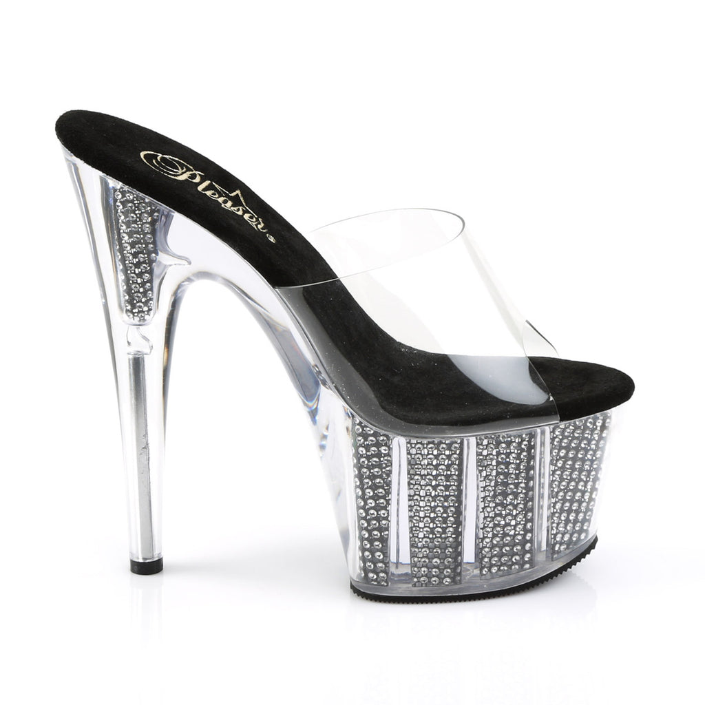 7" Heel, 2 3/4" PF Slide W/Simulated RS Filled BTM Clr/Blk SRS Pleaser Pleaser ADORE/701SRS