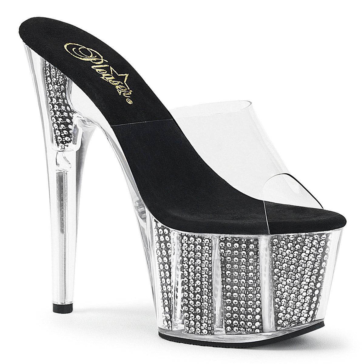 7" Heel, 2 3/4" PF Slide W/Simulated RS Filled BTM Clr/Blk SRS Pleaser Pleaser ADORE/701SRS Main image