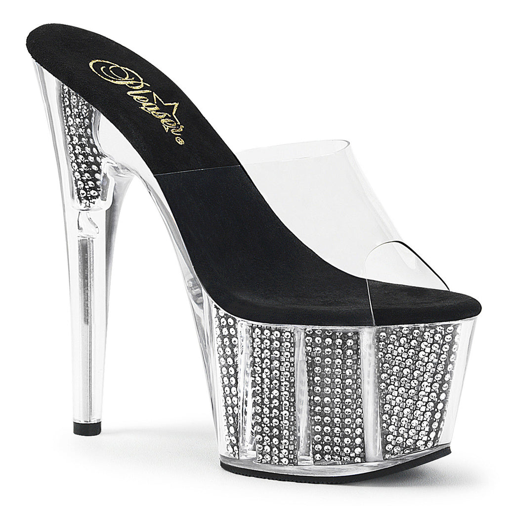 7" Heel, 2 3/4" PF Slide W/Simulated RS Filled BTM Clr/Blk SRS Pleaser Pleaser ADORE/701SRS