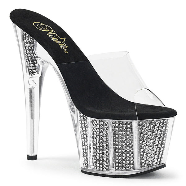 7" Heel, 2 3/4" PF Slide W/Simulated RS Filled BTM Clr/Blk SRS Pleaser Pleaser ADORE/701SRS