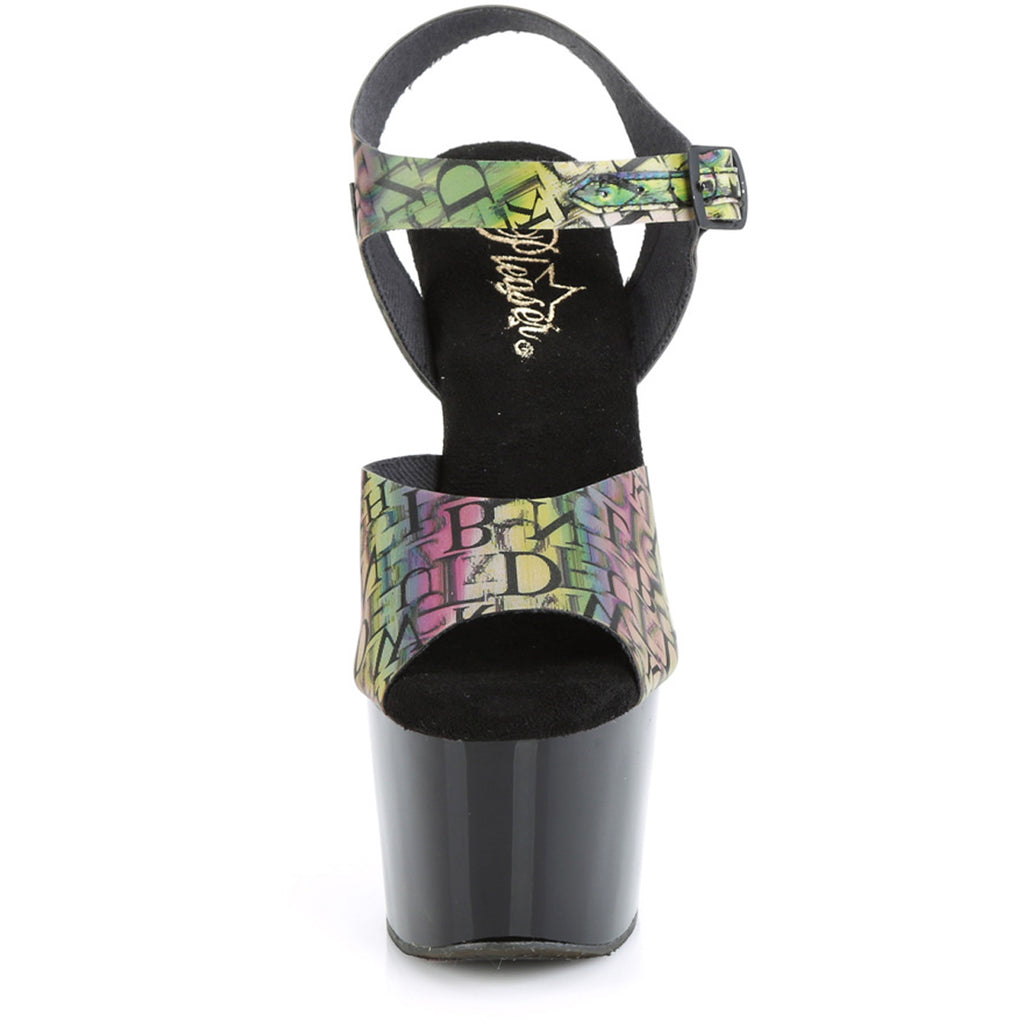 7" Heel, 2 3/4" Pf Ankle Strap Sandal Pleaser  ADO708N-LTP/GRN-PP/B