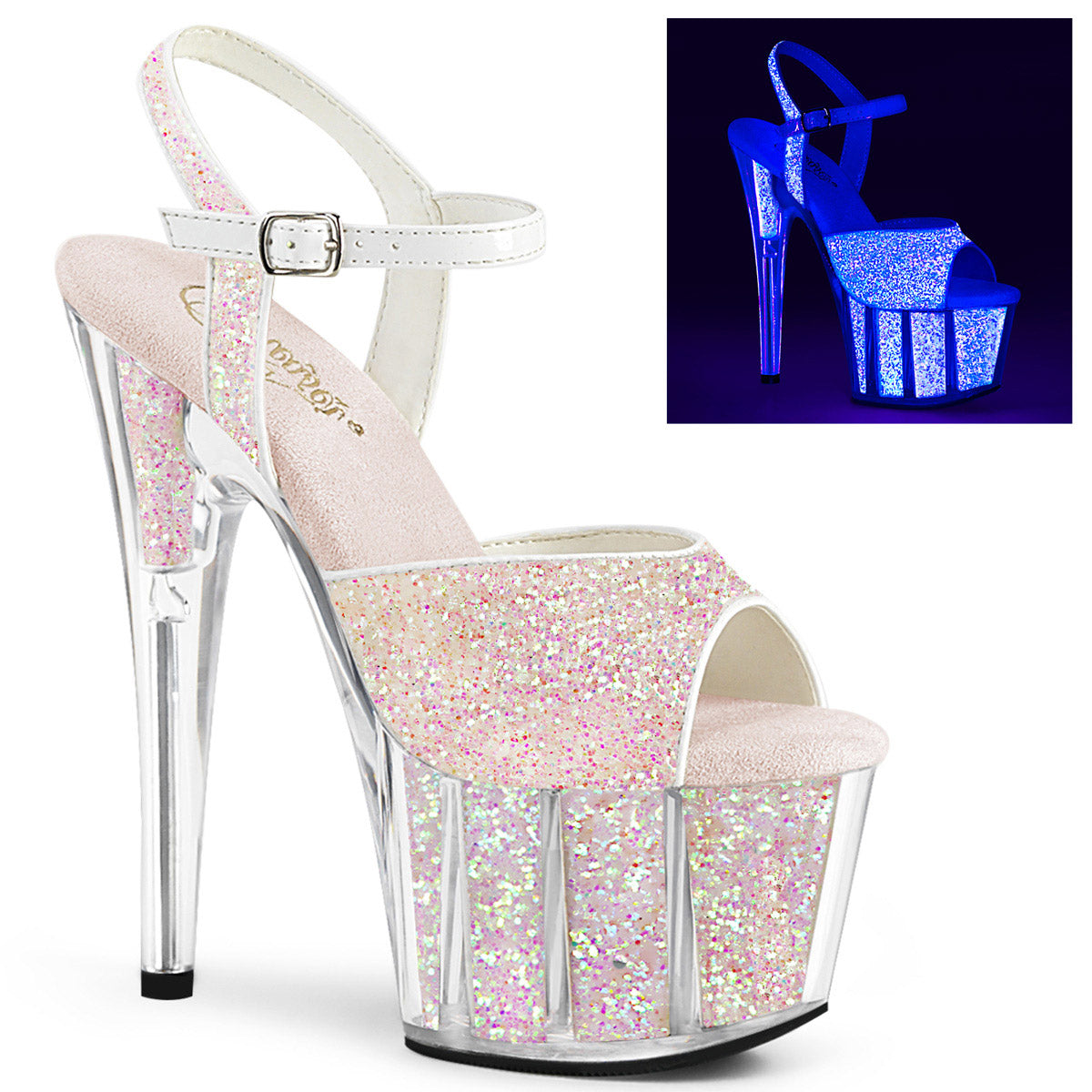 7" Heel, 2 3/4" Pf Ankle Strap Sandal W/glitter Inserts Pleaser Pleaser ADORE/710UVG Main image