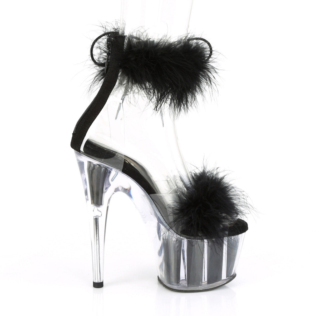 7" Heel, 2 3/4" Pf Marabou Fur Ankle Cuff Sandal, Back Zip Pleaser Pleaser ADO724F/C/B/BFUR