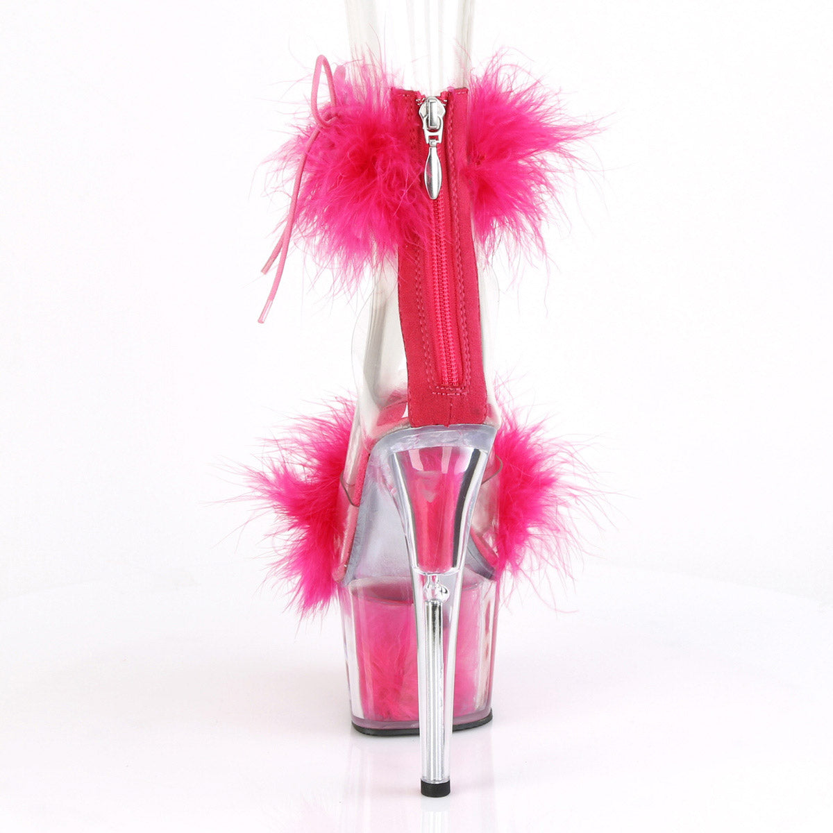 7" Heel, 2 3/4" Pf Marabou Fur Ankle Cuff Sandal, Back Zip Pleaser Pleaser ADO724F/C/HP/HPFUR