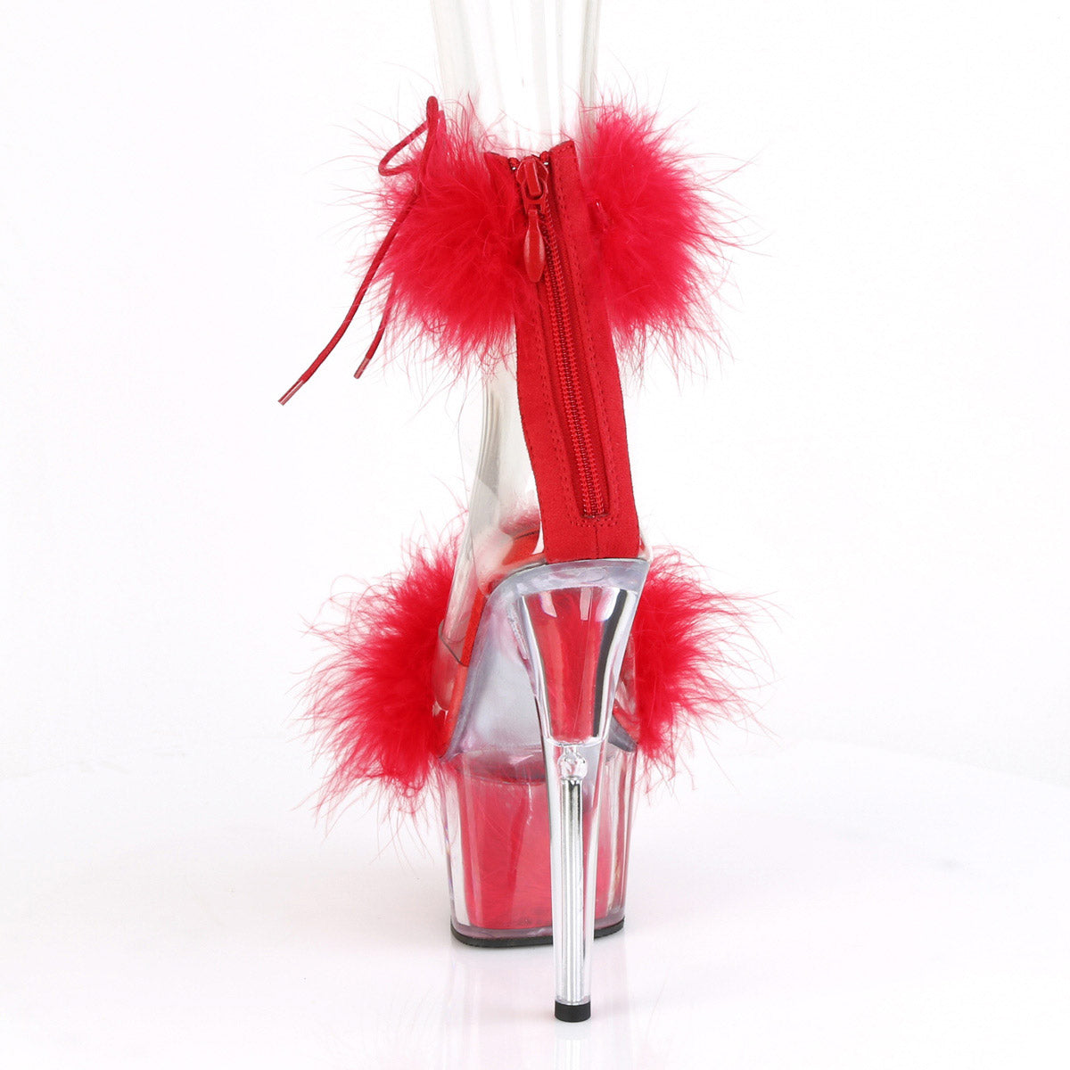 7" Heel, 2 3/4" Pf Marabou Fur Ankle Cuff Sandal, Back Zip Pleaser Pleaser ADO724F/C/R/RFUR