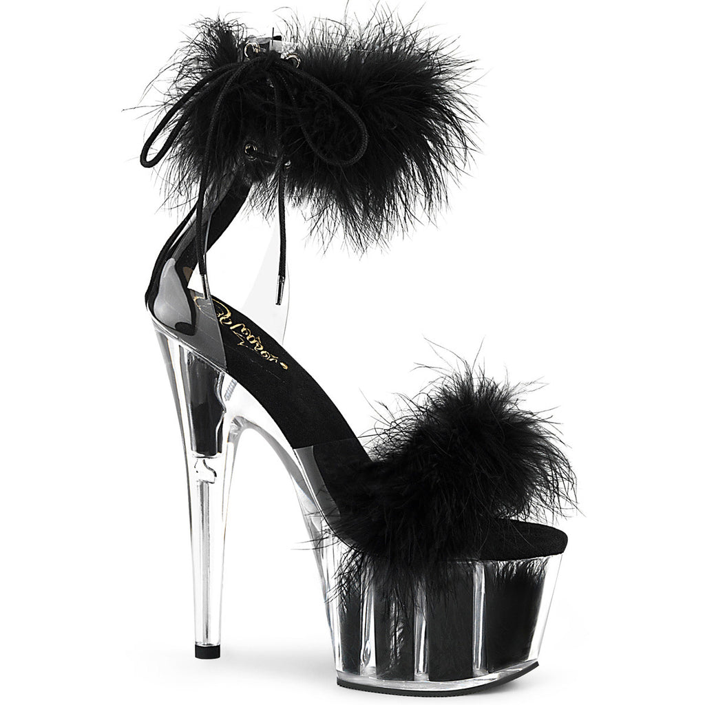 7" Heel, 2 3/4" Pf Marabou Fur Ankle Cuff Sandal, Back Zip Pleaser Pleaser ADO724F/C/B/BFUR