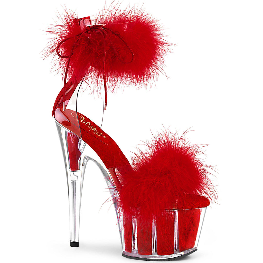 7" Heel, 2 3/4" Pf Marabou Fur Ankle Cuff Sandal, Back Zip Pleaser Pleaser ADO724F/C/R/RFUR