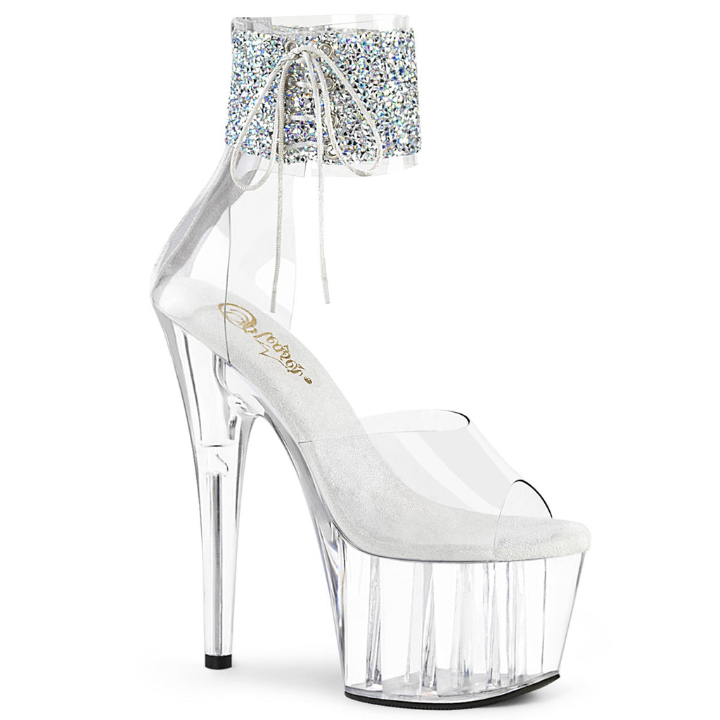 7" Heel, 2" PF Ankle Cuff Sandal w/Rhinestone, Back Zip Pleaser Pleaser ADORE/724RS/02