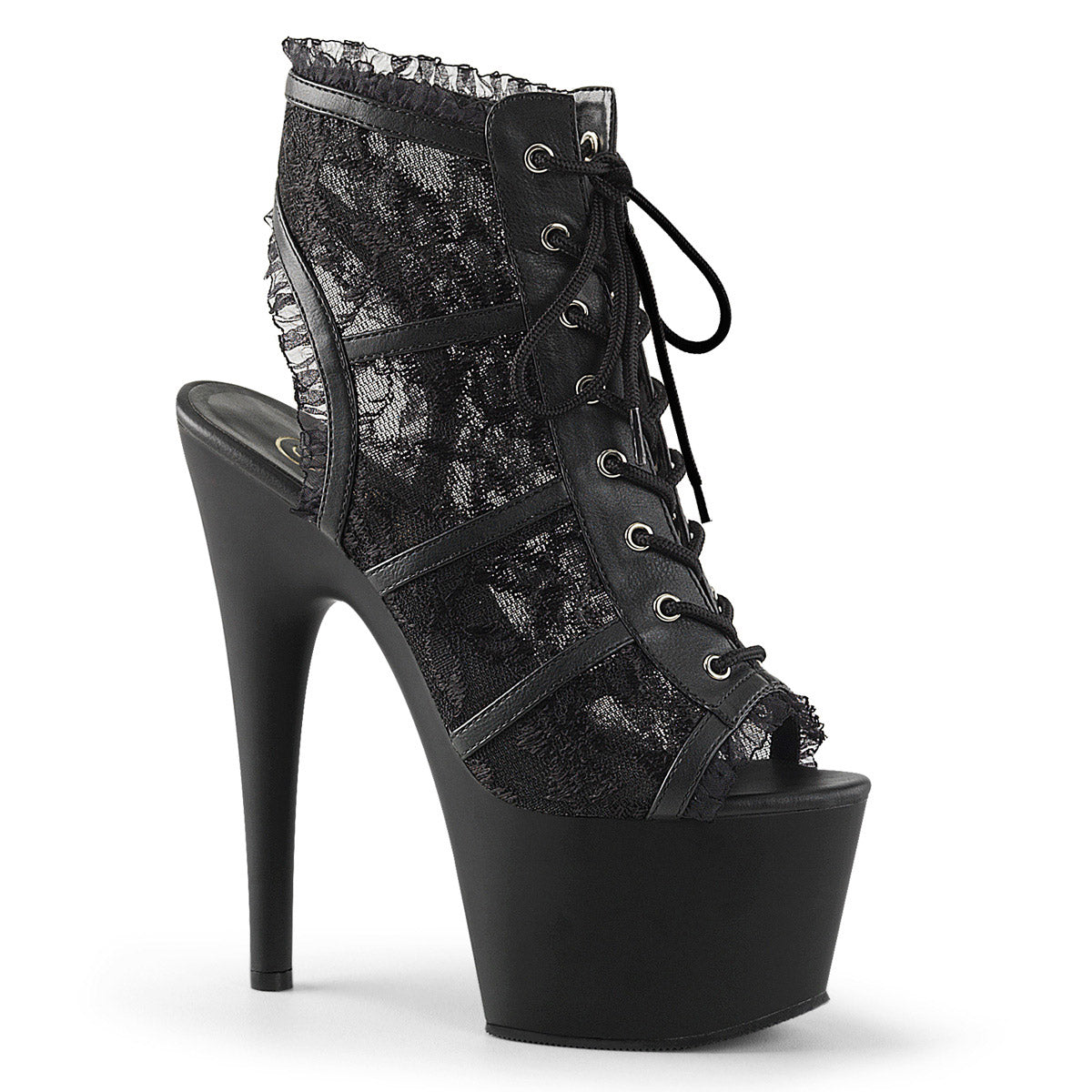 7" Heel, 2 3/4" PF Open Toe/Heel Bootie Blk Mesh Lace/Blk Matte Pleaser Pleaser ADORE/796LC