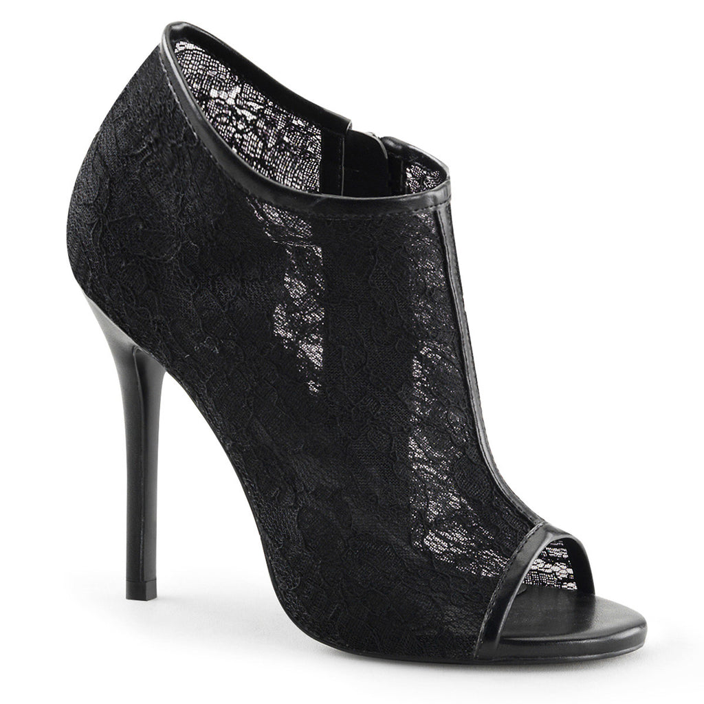 5" Heel, Open Toe Bootie W/ Lace Overlay Blk Lace-Mesh Pleaser Fabulicious AMUSE/56