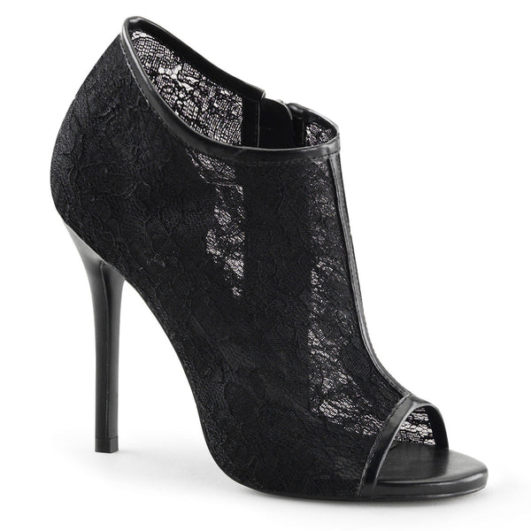5" Heel, Open Toe Bootie W/ Lace Overlay Blk Lace-Mesh Pleaser Fabulicious AMUSE/56