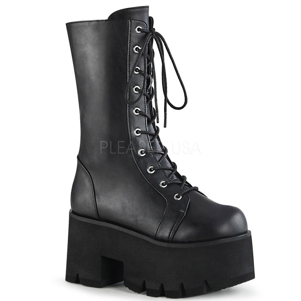 3 1/2" Chunky Heel, 2 1/4" PF Lace-Up Mid-Calf BT, Side Zip Pleaser Demonia ASHES/105
