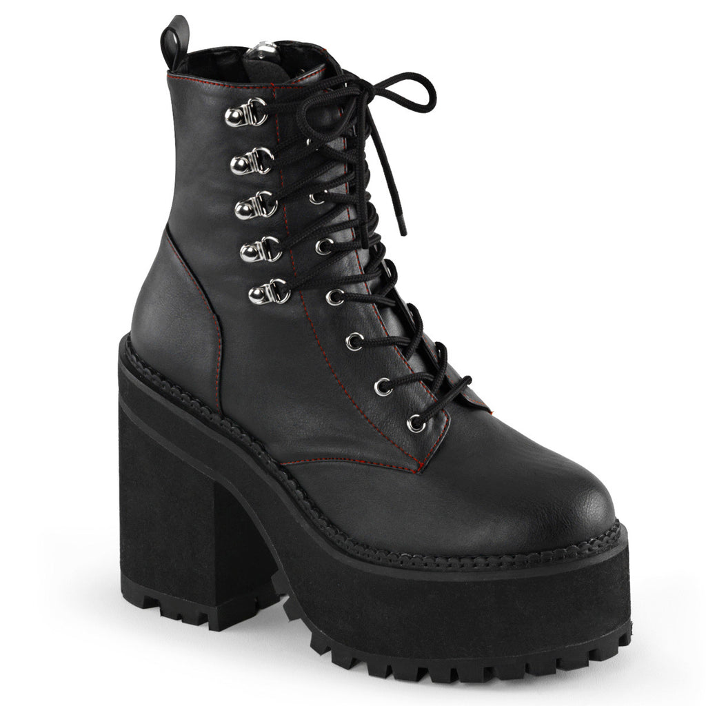 4 3/4" Heel, 2 1/4" Pf D-ring Lace-up  Ankle Boot, Side Zip Pleaser Demonia ASSAULT/100