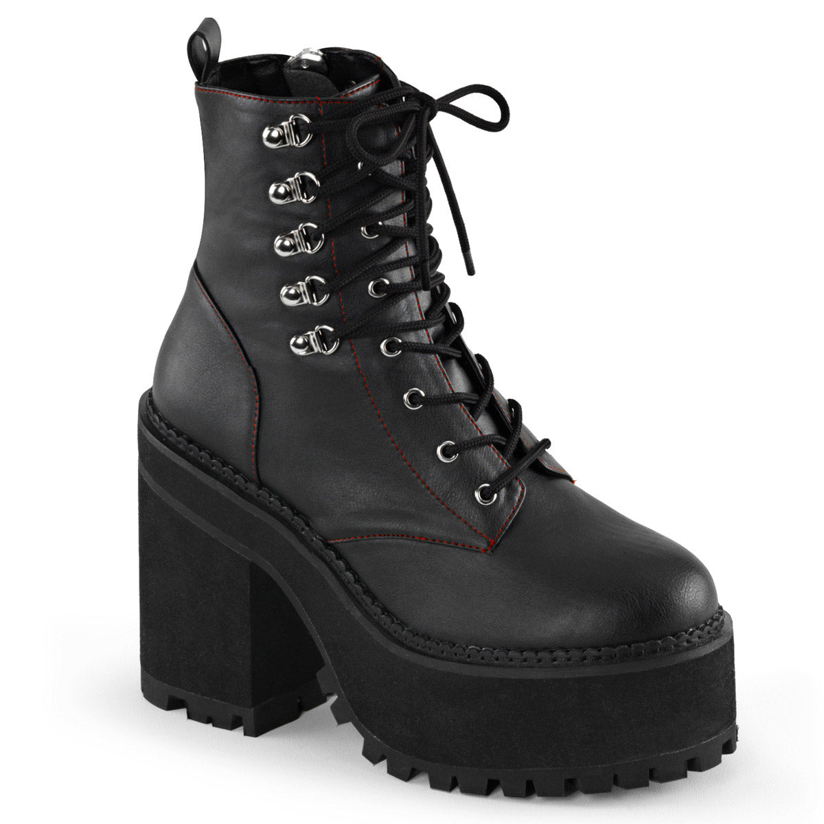 4 3/4" Heel, 2 1/4" Pf D-ring Lace-up  Ankle Boot, Side Zip Pleaser Demonia ASSAULT/100