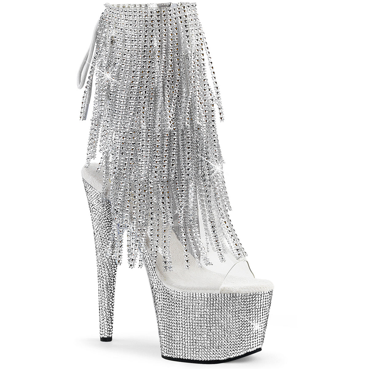 7" Heel, 2 3/4" Pf Open Toe/Heel Fringe Ankle Boot W/Rs Pleaser  BEJ1017RSF-7/C-S/SRS