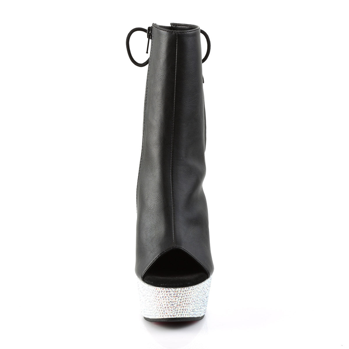 6" Heel, 1 3/4" PF Open Toe/Heel Ankle Boot w/RS, Side Zip Blk Faux Leather/Slv Multi RS Pleaser Pleaser BEJEWELED/1018DM/6