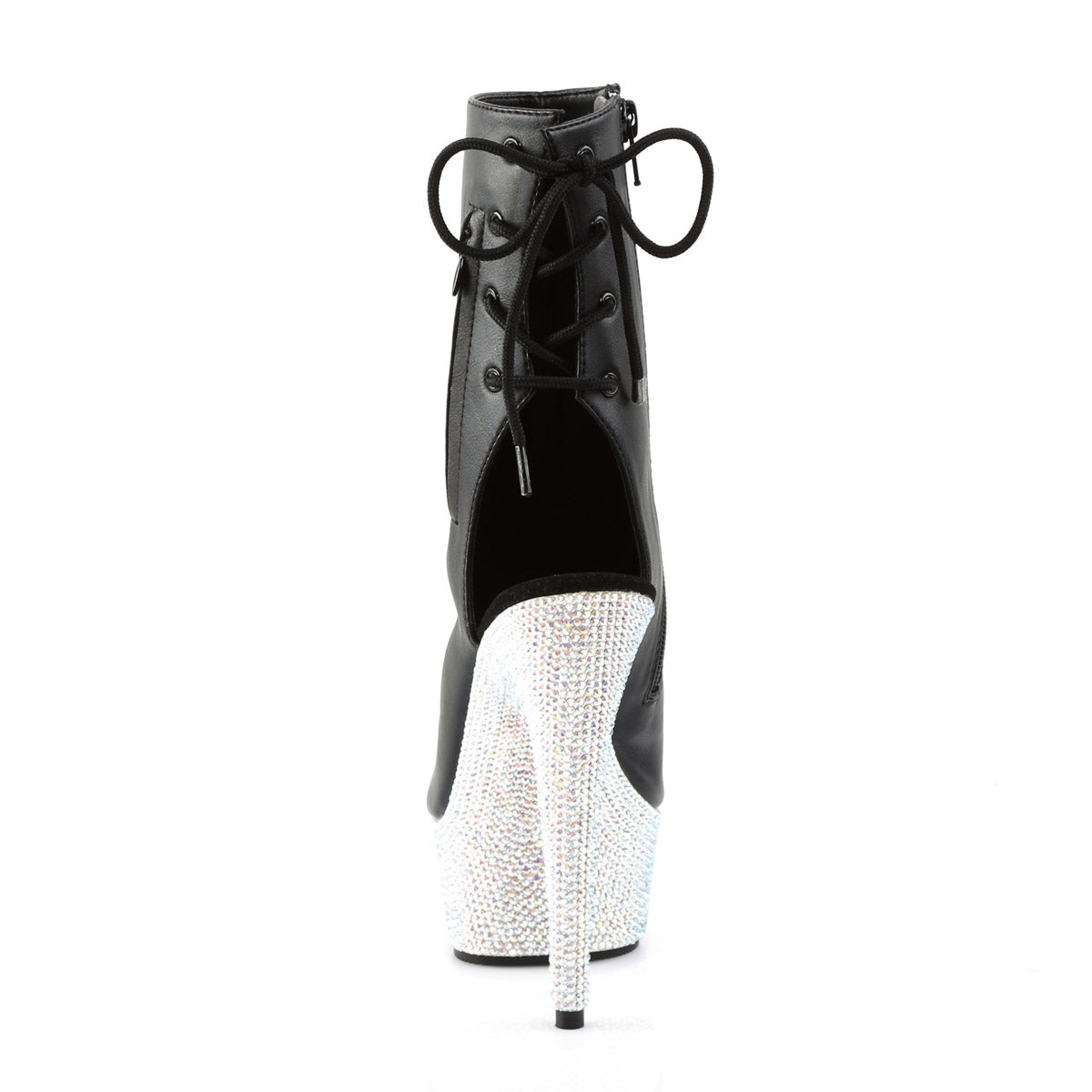 6" Heel, 1 3/4" PF Open Toe/Heel Ankle Boot w/RS, Side Zip Blk Faux Leather/Slv Multi RS Pleaser Pleaser BEJEWELED/1018DM/6