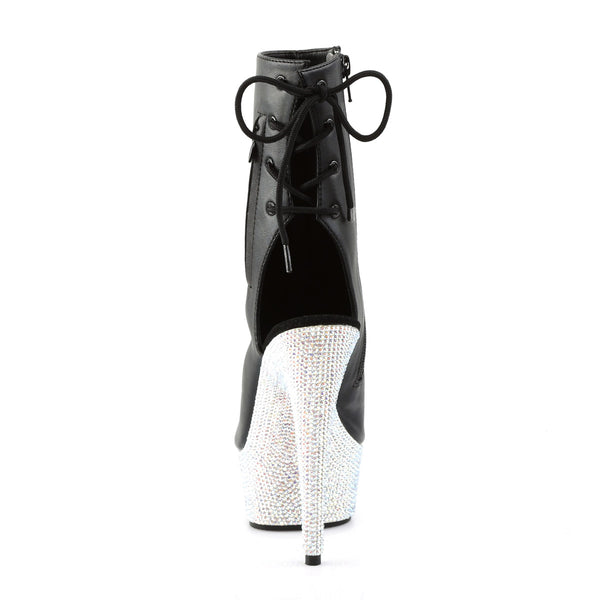 6" Heel, 1 3/4" PF Open Toe/Heel Ankle Boot w/RS, Side Zip Blk Faux Leather/Slv Multi RS Pleaser Pleaser BEJEWELED/1018DM/6
